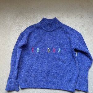 Cozy Knit Sweater Mock Neck Pullover‎ Colorful Letters Blue Casual